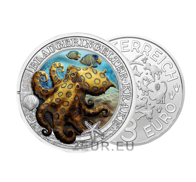 Austria 3 euro coin 2022 - Luminous Marine Life - Blue-Ringed Octopus