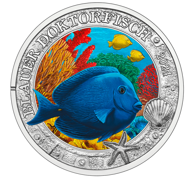 Austria 3 euro coin 2024 - Luminous Marine Life - Blue surgeonfish