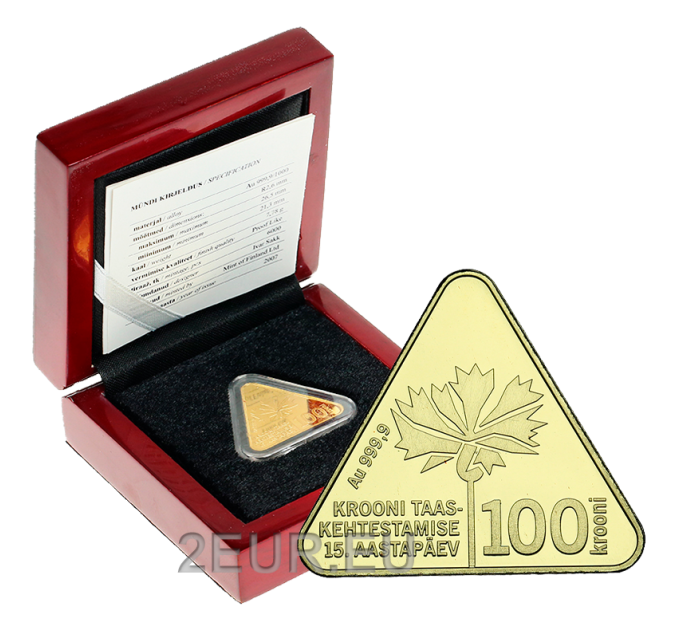 Estonia 100 Kroon gold coin Proof 2007 - 15th anniversary reintroduction of the estonian kroon