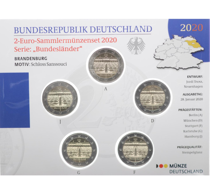 Germany 2 Euro coin set BU 2020 - Brandenburg - Sanssouci Palace - ADFGJ