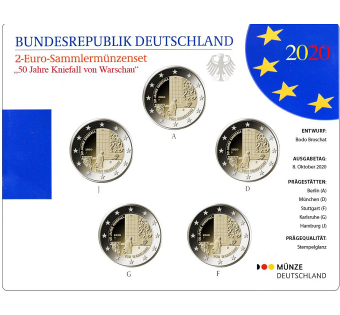 Germany 2 Euro coin set BU 2020 - 50 Years Since the Kniefall von Warschau - Warsaw Genuflection - ADFGJ