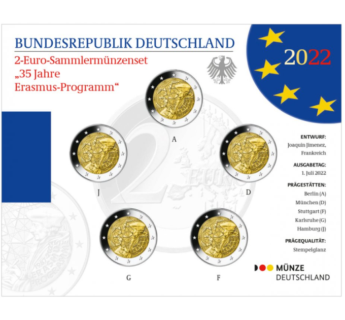 Germany 2 Euro coin set BU 2022 - 35 Years of the Erasmus - ADFGJ