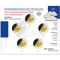  Saksamaa 2 Euromüntide komplekt BU 2022 – Tüüringi. Wartburgi loss – ADFGJ