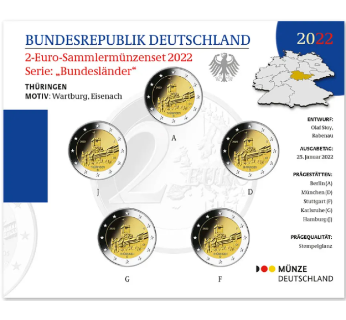 Germany 2 Euro coin set BU 2022 - Thuringia. Wartburg castle - ADFGJ