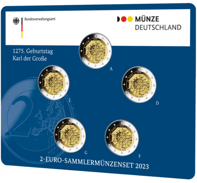 Germany 2 Euro coin set BU 2023 - 1275th Anniversary of the Birth of Charlemagne - ADFGJ