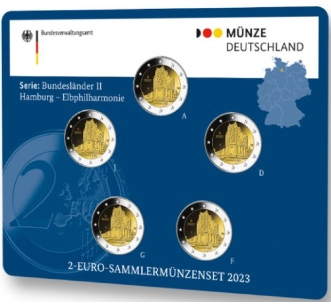 Germany 2 Euro coin set BU 2023 - Hamburg - Elbphilharmonie - ADFGJ