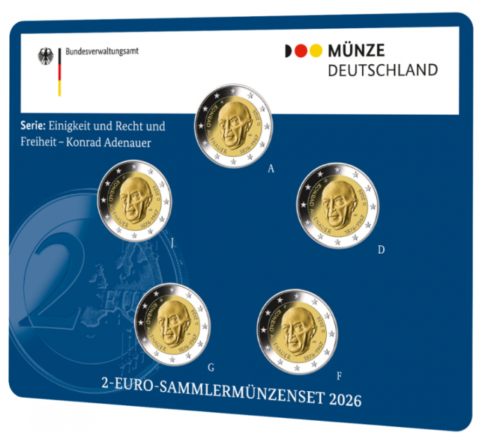 Germany 2 Euro coin set BU 2026 - Konrad Adenauer - ADFGJ