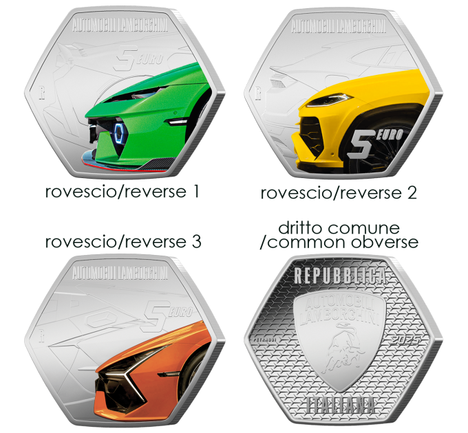 Italy 5 euro Silver BU 2025 - Italian Excellences - Lamborghini cars - Triptych