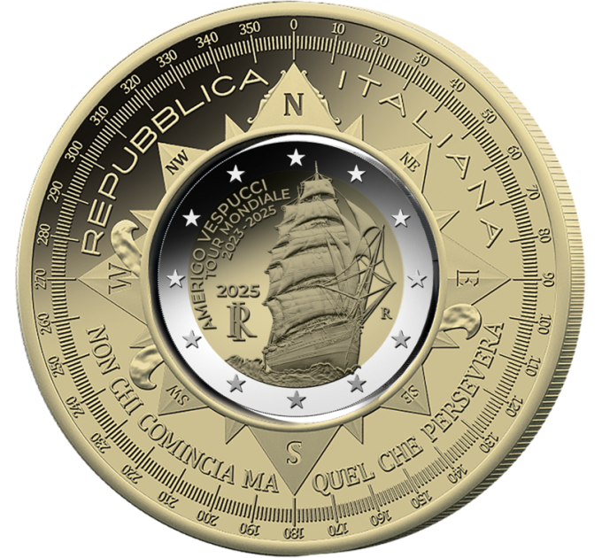 Italy 2 euro + 10 euro Proof 2025 - Voyage of the Amerigo Vespucci Ship