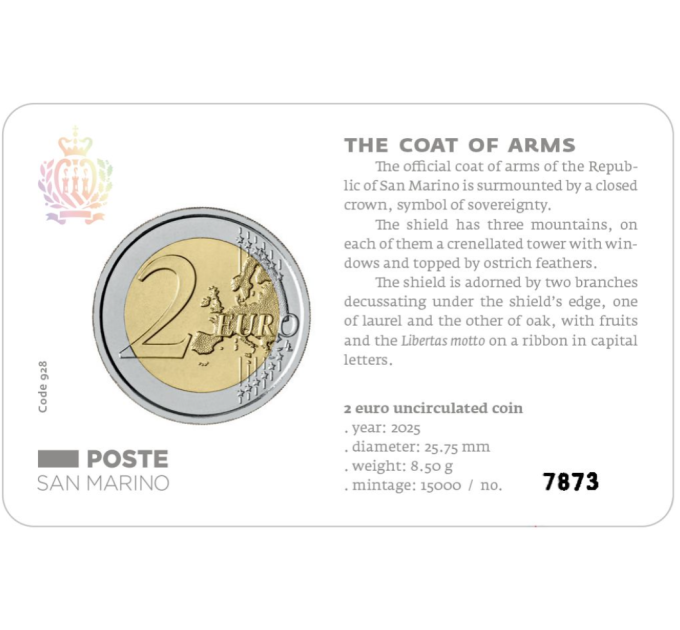 San Marino 2 EURO BU 2025 - Coat of arms of the Republic of San Marino