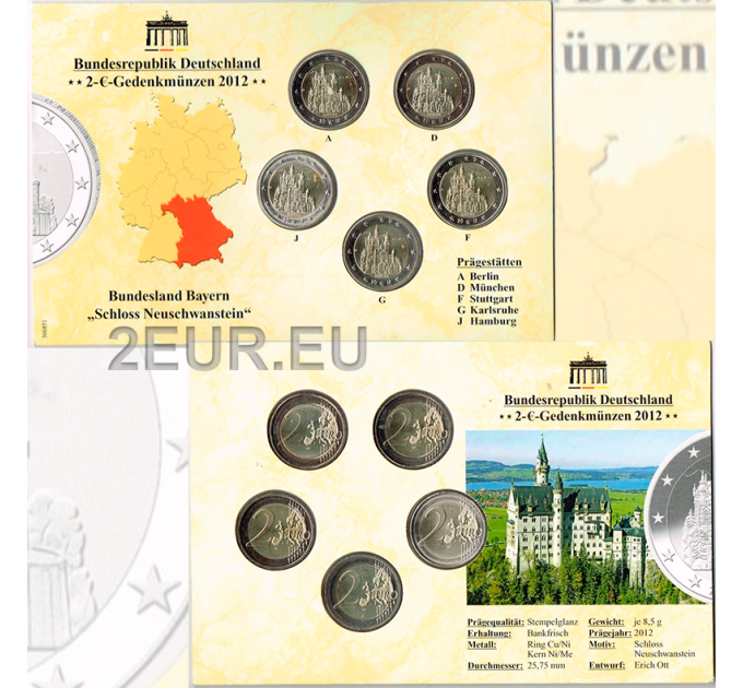 Germany 2 Euro coin set BU 2012 - Neuschwanstein Castle - ADFGJ