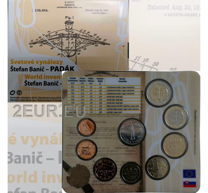 Slovakia Euro coin set BU 2018 - Stefan Banic - Military Parachute
